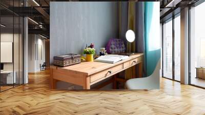 Wooden table with items by the window Wall mural