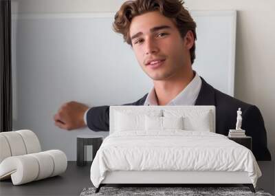 Young man in black suit points towards camera. Pro businessman dressed in white shirt stands in front of whiteboard in classroom setting. Curly hair, straight gaze, engaged expression. Wall mural