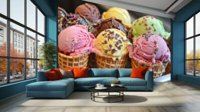 Ice cream cone in a waffle cone, sprinkled with grated chocolate Wall mural