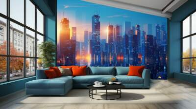 modern skyscrapers of a smart city, futuristic financial district with buildings and reflections Wall mural