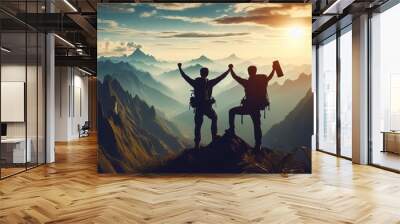 Silhouette of two hikers with arms raised celebrating success on mountain top in panoramic mountain Wall mural