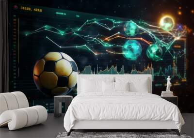 soccer ball on the background of a display with analytics and statistics graphs Wall mural