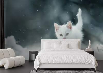 White cat walks in the snow Wall mural