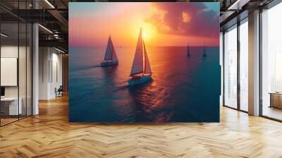 Aerial view of stunning sailboats sailing in perfect harmony on the serene blue sea Wall mural