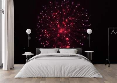 beautiful multi colored fireworks in night sky. New year's eve fireworks celebration. shining fireworks with bokeh lights in night sky. glowing fireworks show. colored night explosions in black sky Wall mural