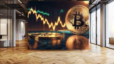 Bitcoins and crypto currency on the background of trading graphs  Wall mural