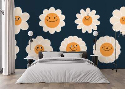 Cute daisy face with happy smile, groovy retro style. 70s hippy icon, kawaii cartoon character. Sunflower and chamomile flower pattern . Floral sticker for kids. Flat vector illustration isolated  Wall mural