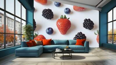 Fresh and Colorful Mixed Berries on Clean White Background, Perfect for a Fruit-Themed Wallpaper Wall mural