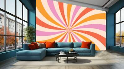 Groovy 70s background, retro sun and carnival motifs. Vintage swirls with abstract rays and a rainbow border. Pink graphic vintage circle . Flat vector illustration isolated Wall mural