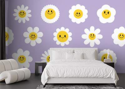 Groovy daisy flowers face collection. Retro chamomile smiles in cartoon style. Happy stickers set from 70s. Vector graphic illustration Wall mural