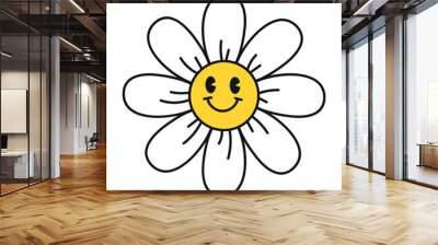 Groovy daisy flowers face collection. Retro chamomile smiles in cartoon style. Happy stickers set from 70s. Vector graphic illustration Wall mural