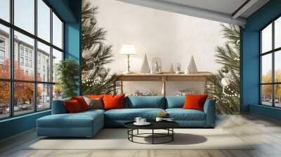 Christmas tree decorated with toys in modern scandinavian interior. Mockup white wall in cozy home. Farmhouse style 3d render illustration. Wall mural