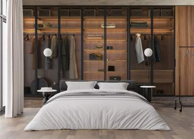 luxury modern interior design large wooden wardrobe with clothes hanging on rail in walk in closet a Wall mural