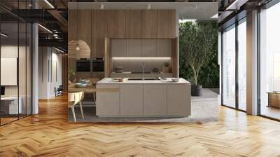 Minimalism modern interior  scandinavian design. Bright studio living, kitchen and dining room. Wooden kitchen with kitchen island, green plants and table with dishes. 3d render. 3d illustration. Wall mural