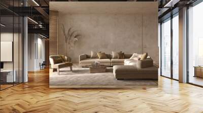 Modern interior japandi style design livingroom. Lighting and sunny scandinavian apartment with plaster and wood. 3d render illustration. Wall mural