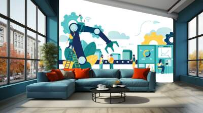 Vector illustration, a production line with workers, automation and user interface concept: user connecting with a tablet and sharing data with a cyber-physical system, Smart industry 4.0 Wall mural