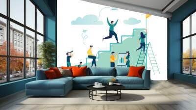 Vector illustration, flat style, businessman running up the stairs to the goal, career planning, career development concept, team work - Vector  Wall mural