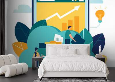 Vector illustration, Increase sales and skills. Teamwork. Analytics of information about the company. receiving information from the archive, cloud storage Wall mural