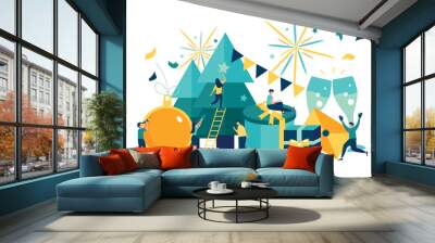 Vector illustration small people are preparing for the new year, are engaged in decoration, corporate in the office at work Wall mural