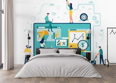 Vector illustration. Creative teamwork. People are building a business project on the Internet. The monitor screen is a building site. Collective performance of tasks. - Vector  Wall mural