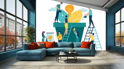 vector illustration. people grow potted plants, a metaphor for the birth of a creative idea. business concept analysis. graphic design idea of project activity Wall mural