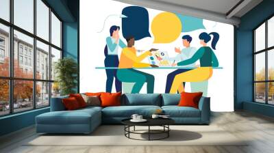 workshop talk workers people are sitting at negotiating table, vector collective thinking and brainstorming, company information analytics Vector illustration Wall mural