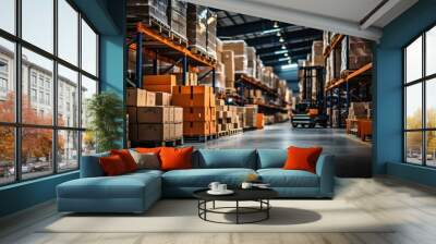 Modern logistics warehouse interior with organized shelves and pallets for storage Wall mural