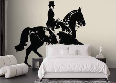 isolated on a light background is a graphic monochrome vintage image of a lady, a young woman in a female saddle riding a black horse Wall mural