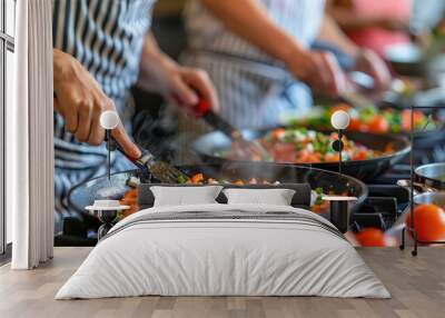 Chefs cooking colorful stir-fry vegetables in professional kitchen with fresh ingredients Wall mural