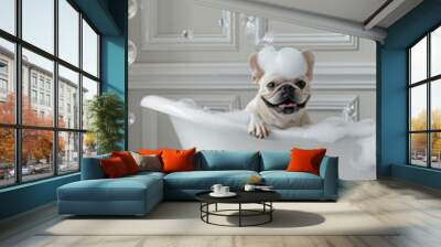 Cute French Bulldog in white luxurious bathtub with bubbles, playful and happy. grooming Wall mural