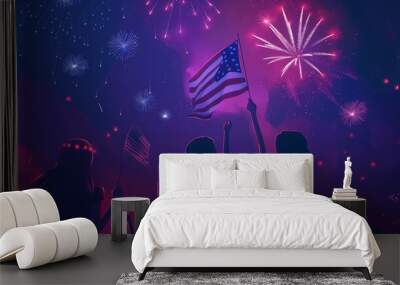 People holding USA flag, city fireworks backdrop, July 4 - USA Independence Day Wall mural