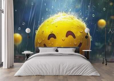 Yellow happy emoticon ball in heavy rain with water droplets, cheerful positivity and happiness Wall mural