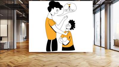 Vector flat illustration with football coach who supports player s child. Concept of partnership, support, mentoring, and teamwork. It can be used in web design, banners, etc. Wall mural