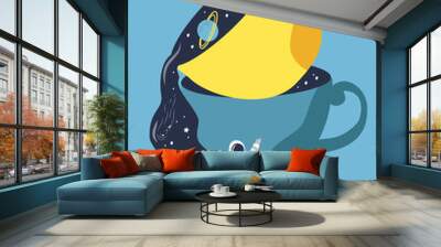 vector hand drawn illustration in flat style - two cups from which space flows out with planets, stars and an astronaut Wall mural