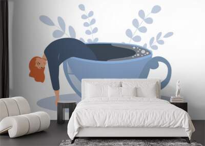 vector illustration in a flat style on the theme of depression, apathy. tired girl swims in a cup of coffee Wall mural