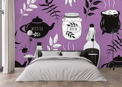 vector seamless pattern in a flat style on the theme of witchcraft, mysticism. pattern with magic herbs Wall mural