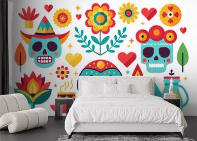 Vibrant dia de los muertos elements collection for festive design and decoration Wall mural