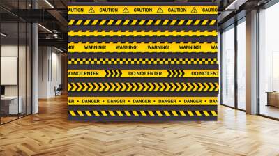 Caution tape set, yellow warning strips, danger symbol, arrows, yellow lines with black text and triangle sign. Horizontal banner collection with attention message. Wall mural