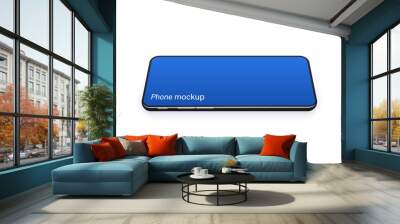 Horizontal phone mockup with blue empty screen isolated on white background. Realistic smartphone mobile concept for show your app and design, or video and social media. Vector illustration. Wall mural