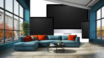 Realistic set of electronic devices, black display, laptop, tablet and phone with empty screen. Wall mural