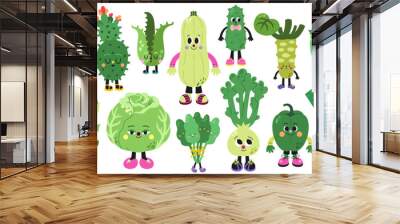 Cute cartoon green vegetables vector set on a white background. Wall mural