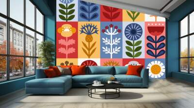 Scandinavian style floral rectangular summer vector pattern. Part five. Wall mural