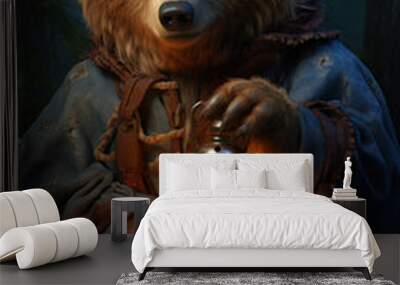 A brown bear holding a lantern with light, Ai Generative Wall mural