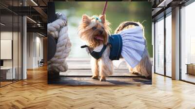 A dog in fashion clothes walks on the pier Wall mural