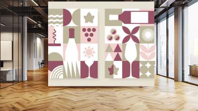 Abstract wine posters set in geometric style. Vector brochures for wine tasting invitation, festival flyers, menu covers, etc. Wall mural