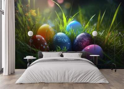 AI generated easter eggs on green grass with sunlight. Happy Easter Wall mural