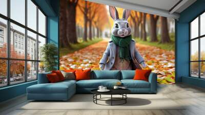 Autumn Adventure: An Anthropomorphic Rabbit in a Gray Coat and Green Scarf Standing on a Leaf-Covered Path Amidst Orange and Yellow Fall Leaves, Embarking on a  Journey Through a Cozy Forest Park Wall mural