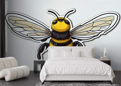 C ute Bee: Yellow and black stripes, wings and pollination in detailed illustration Wall mural