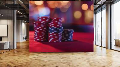 Casino chips stacked on red poker table with bokeh lights Wall mural