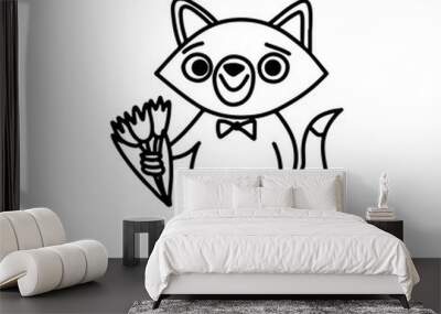 Character fox boy with bow tie happy holds bouquet with tulips. Cartoon animals for a birthday, mothers day, Valentine's Day or other holiday decorations. Doodle black and white line art Wall mural